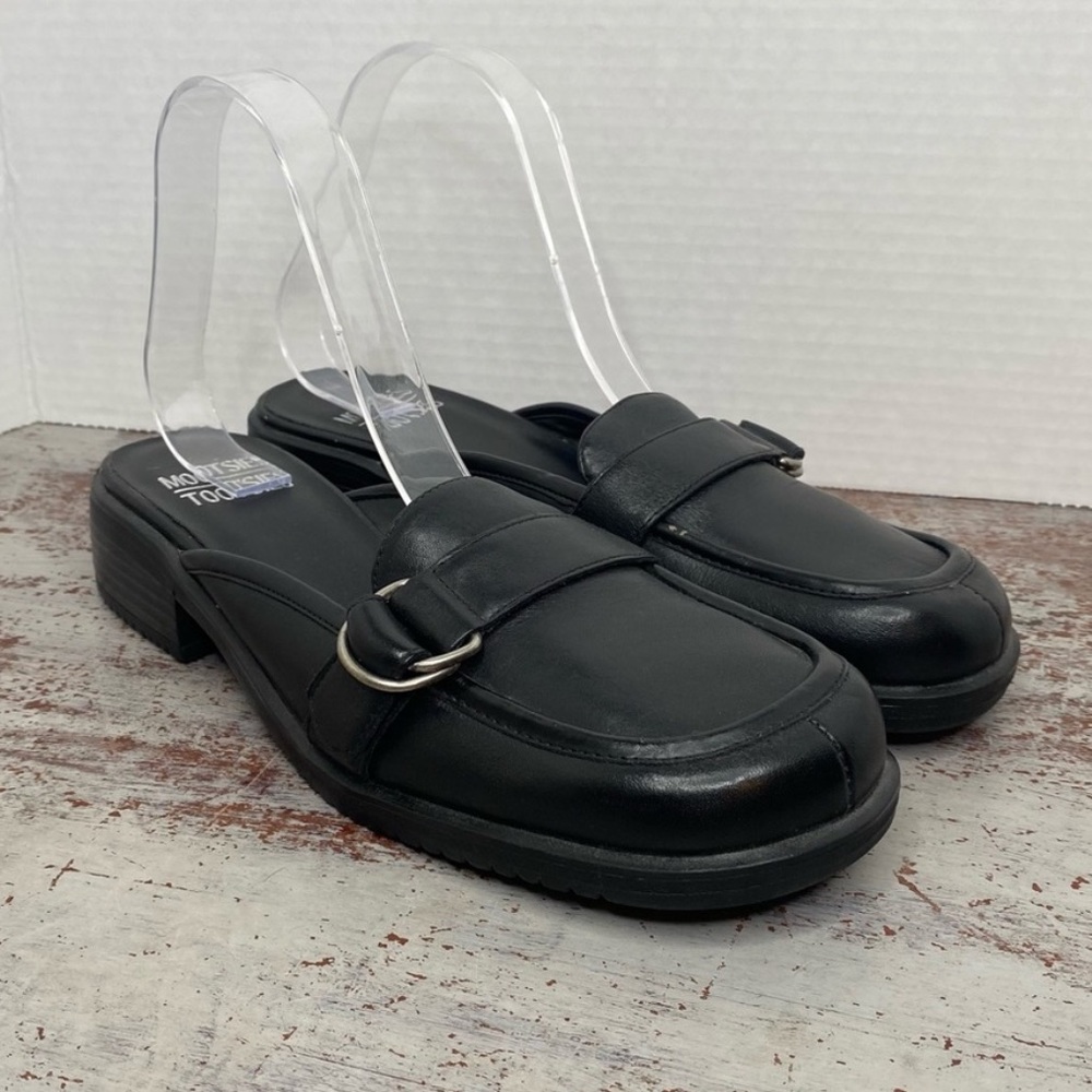 Vintage 90s 1990s black leather slip on mules Block Heel Square Toe 9